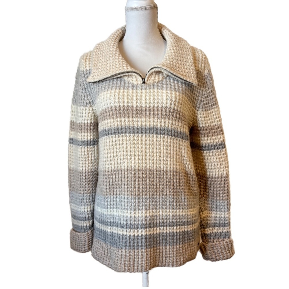Eddie Bauer Women's Wool Blend Pullover Sweater Zip Collar Striped Medium